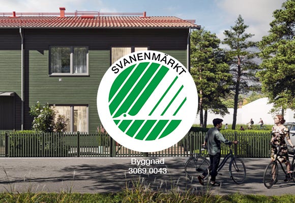 Hållbara hem Visualisering på radhus med Svanen-logotyp framför