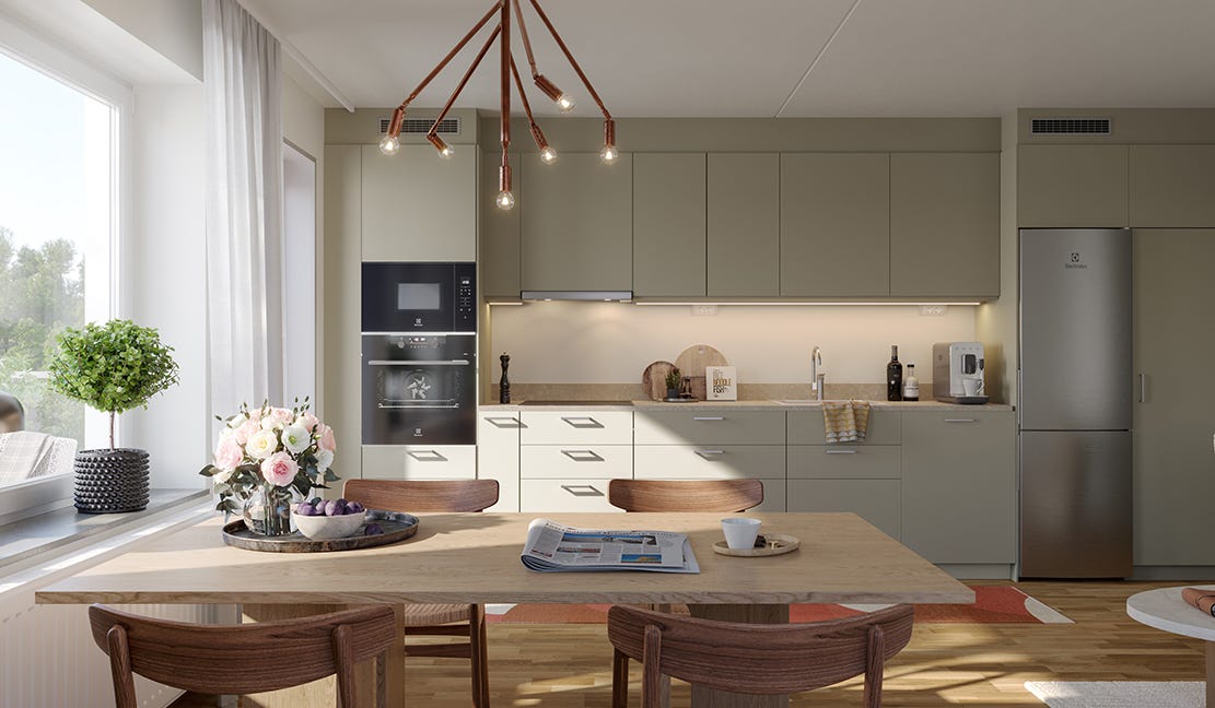 Hur vill du inreda ditt nya hem? Visualisering av ett kök med ett matbord och stolar i förgrunden