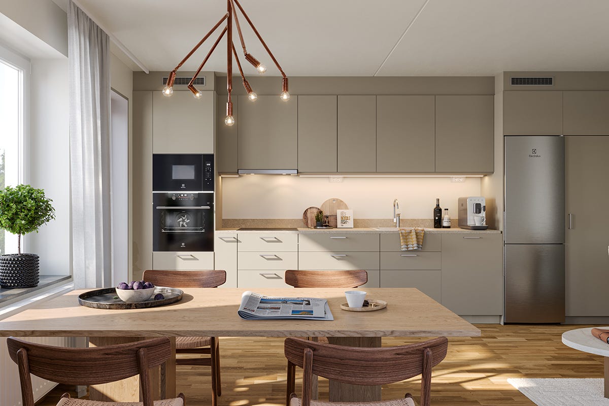 Modernt kök i beige färg med matplats intill (visualisering)